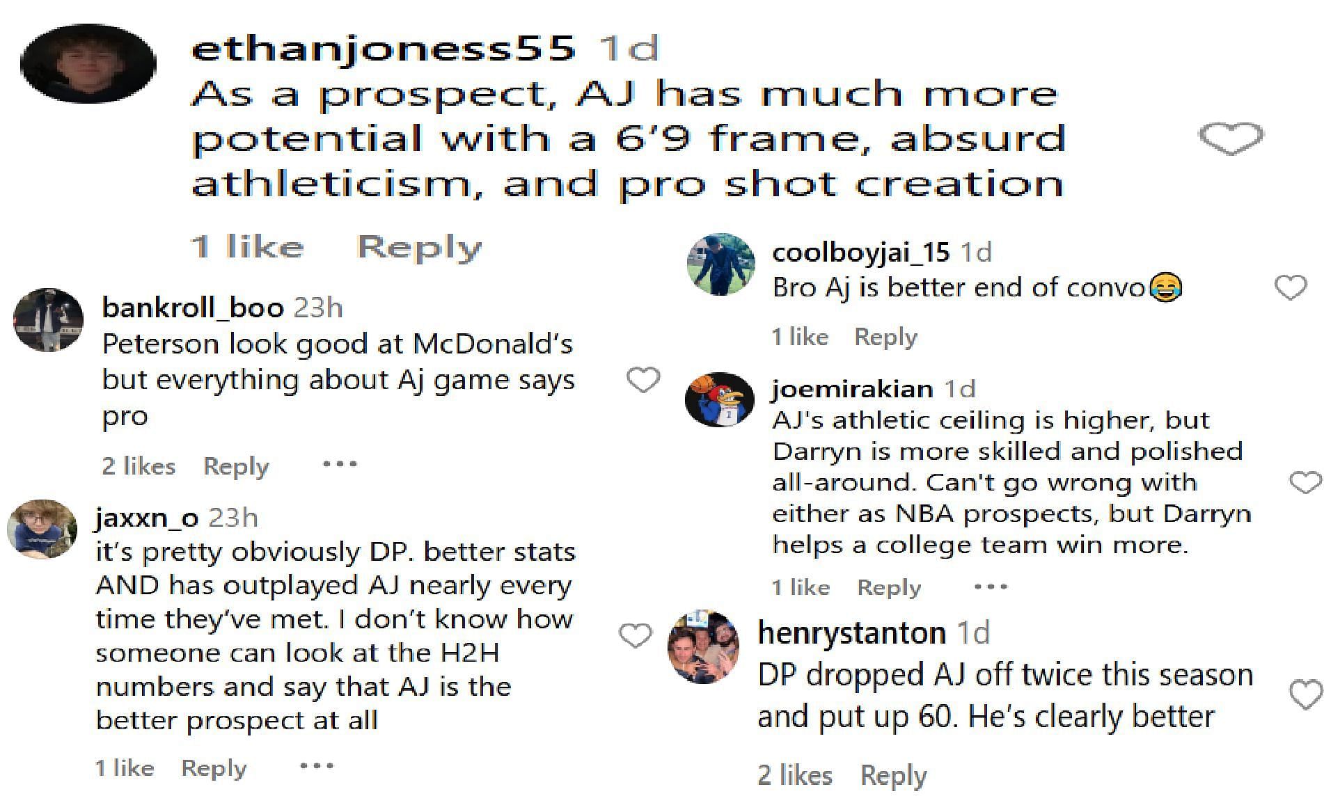 Fans comment on AJ Dybantsa vs. Darryn Peterson debate (source: IG/ greenlightmedia)